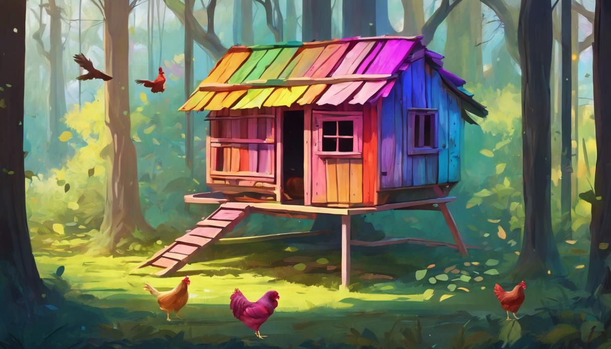 A colorful chicken coop at the edge of a mysterious forest, symbolizing the boundary between two distinct realms
