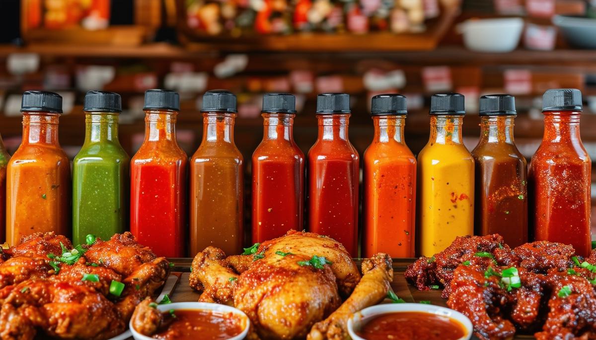 Different hot sauces displayed alongside various chicken dishes