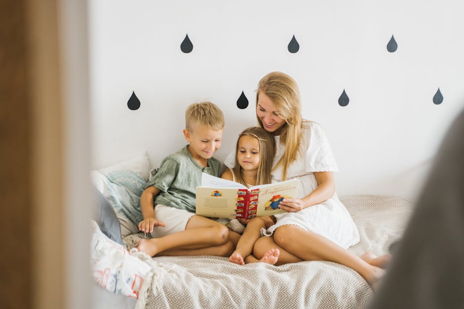 A realistic image of a parent reading a bedtime story to a young boy named Joshua in his bedroom