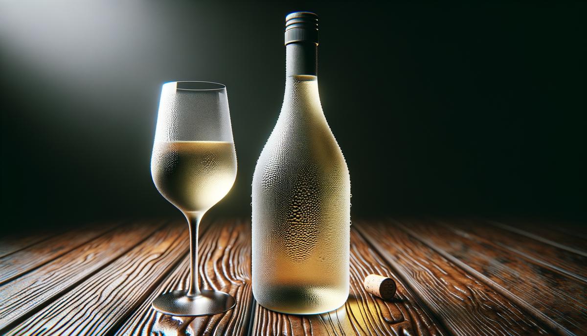 A chilled bottle of white wine with a glass of white wine beside it.