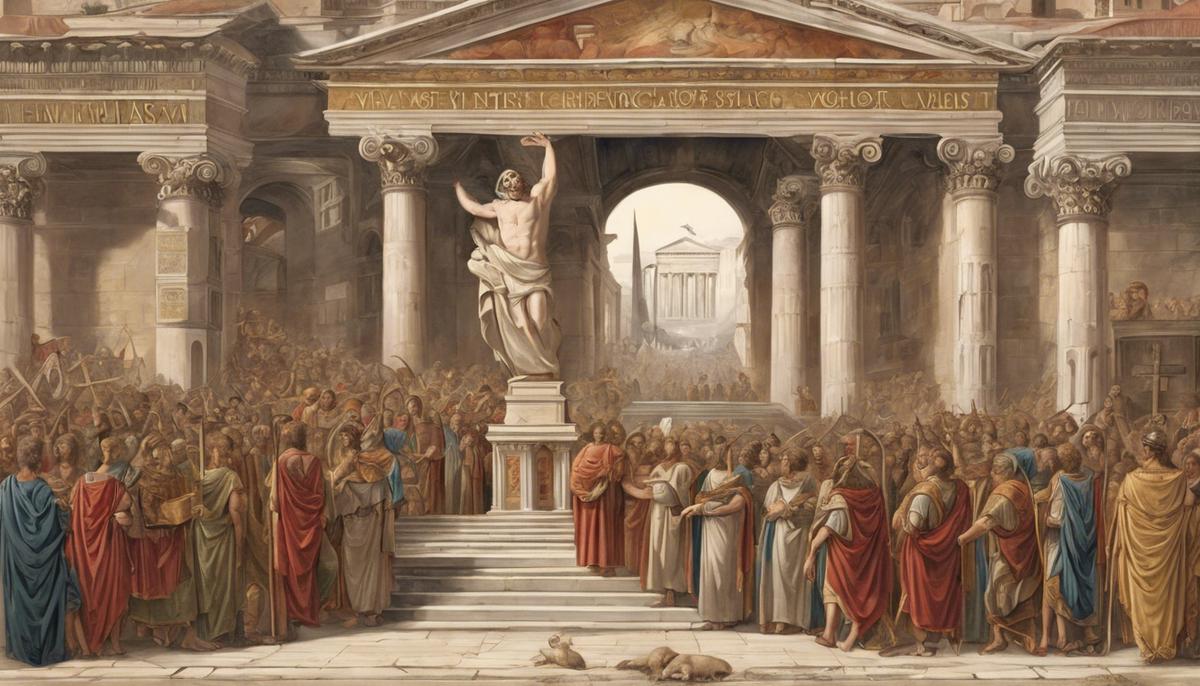 An artistic representation of the rise of Christianity in the Roman Empire, with Christian symbols and figures juxtaposed against traditional Roman architecture and imagery