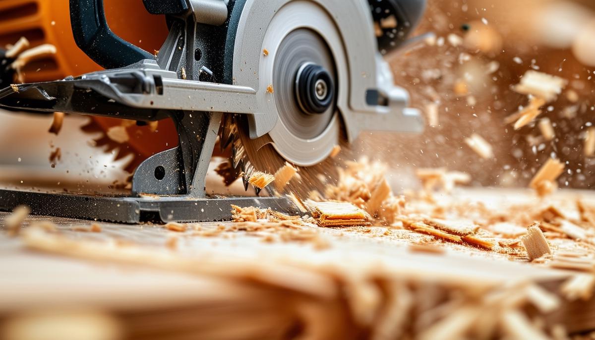 A circular saw cutting through a piece of wood, showing the circular saw blade and wood chips flying.