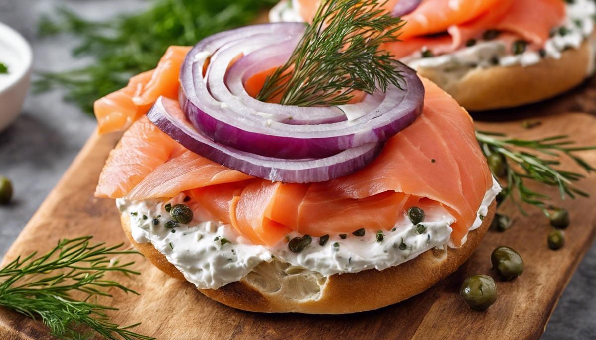 A classic lox bagel with smoked salmon, cream cheese, capers, red onions, and dill on a wooden board