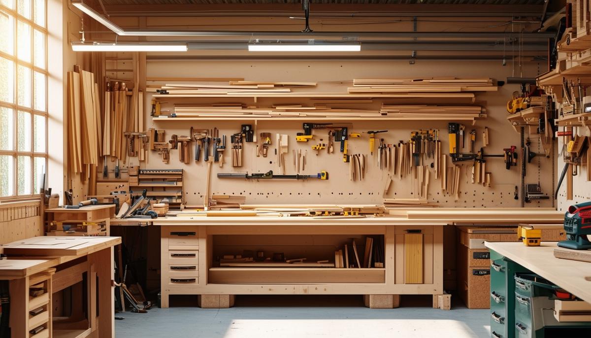 A clean, well-organized woodshop with labeled storage and no trip hazards.