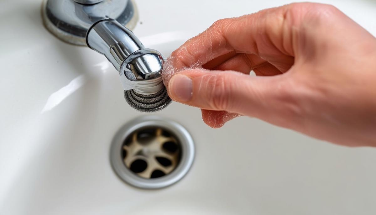 A hand holding a drain stopper that has been removed from a bathroom sink for cleaning to prevent buildup and clogs.