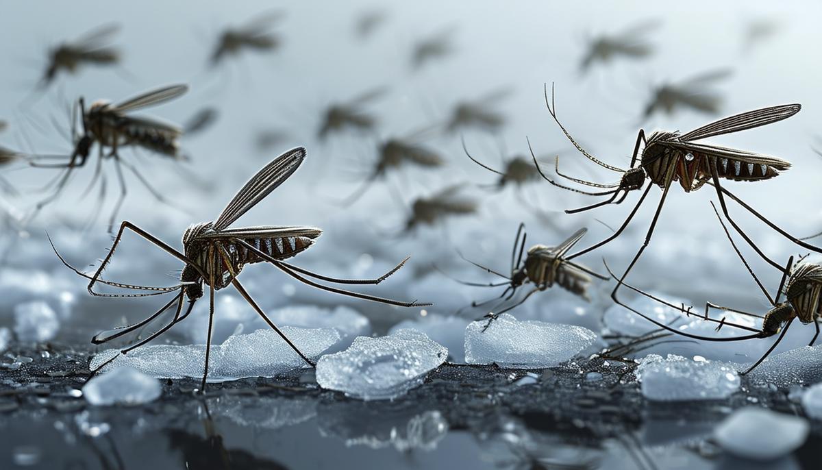 A conceptual image depicting the impact of climate change on mosquito populations, with rising temperatures and melting ice revealing a swarm of mosquitoes.