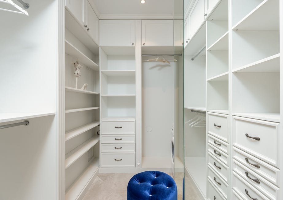 Image of a neat and organized closet with folded clothes and labeled bins