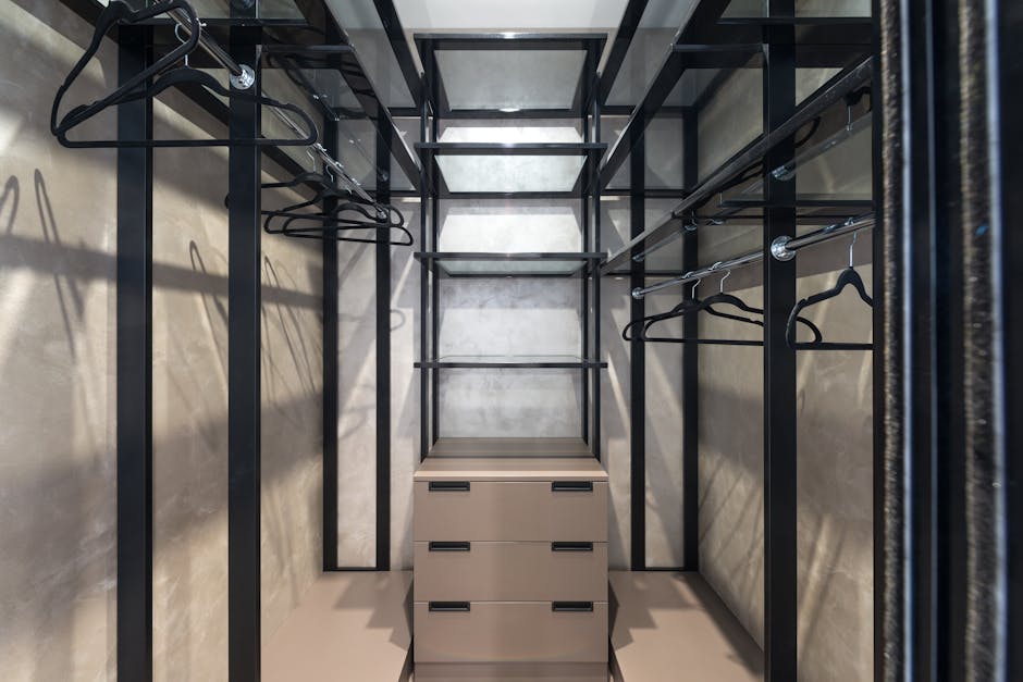 Image of a neatly organized closet with shelves, boxes, hangers, and accessories to go with the text