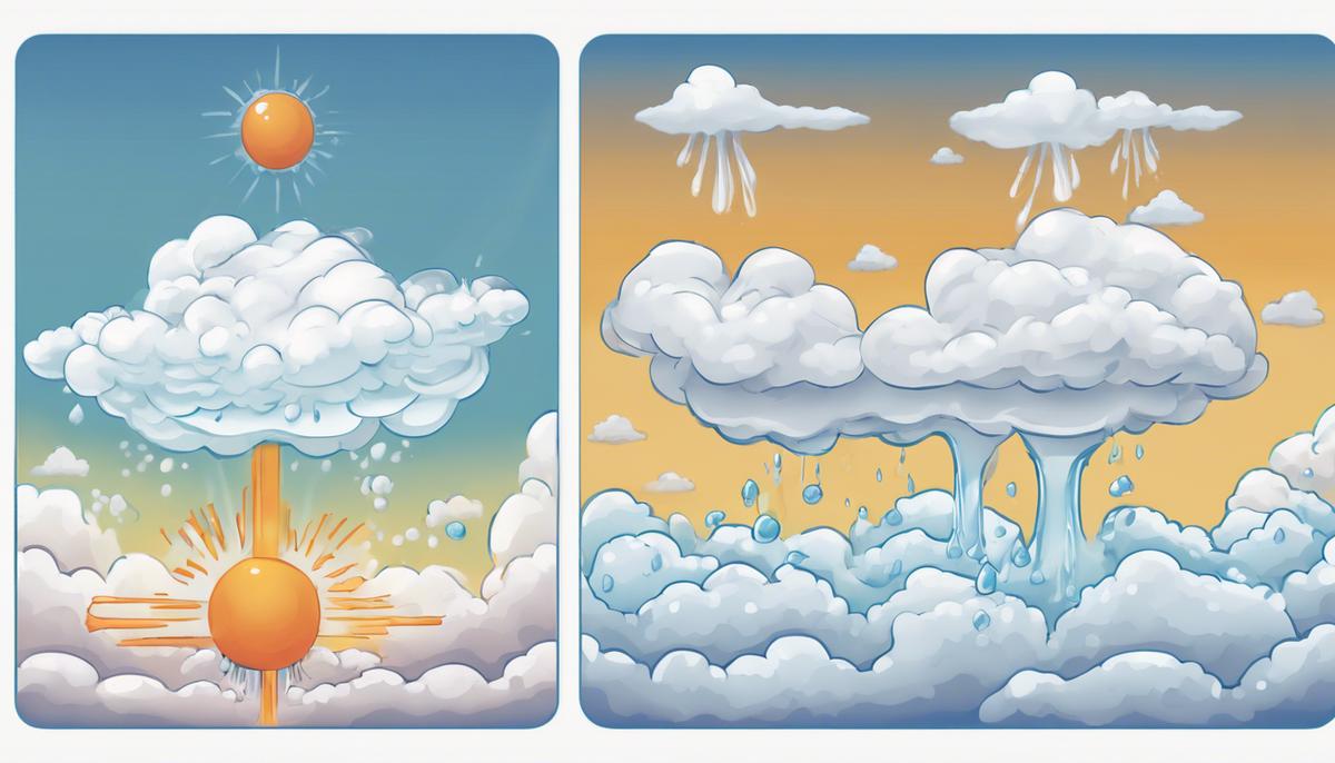 An illustration depicting the process of cloud formation, with warm air rising, cooling, and condensing into water droplets or ice crystals