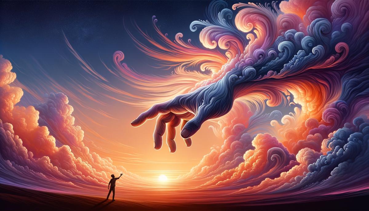 Clouds shaped like a grand outstretched hand reaching towards a boy, pointing him towards his destiny