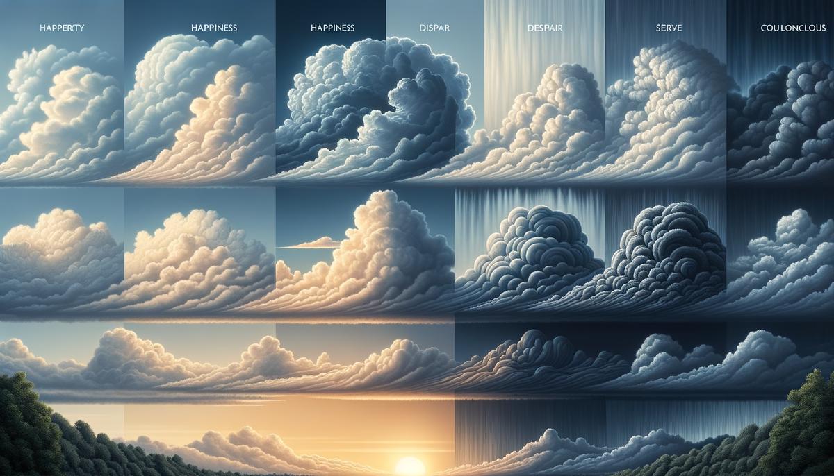 An artistic representation of different types of clouds in the sky