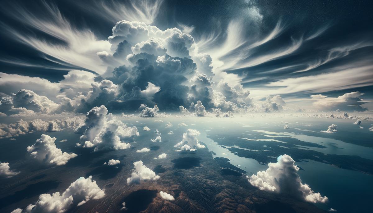 Clouds transporting water over land and sea