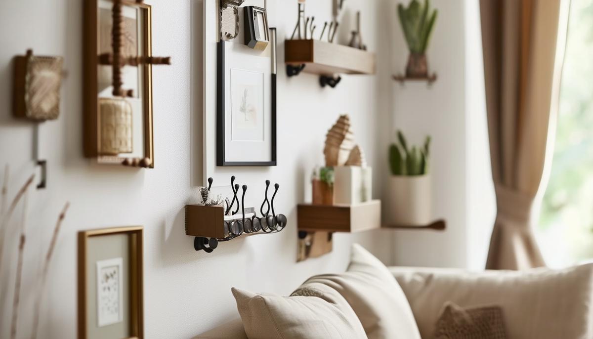 A close-up view of various Command Hooks being used to creatively hang decor items, such as picture frames, small shelves, and curtain rods, in a stylish living room setting.