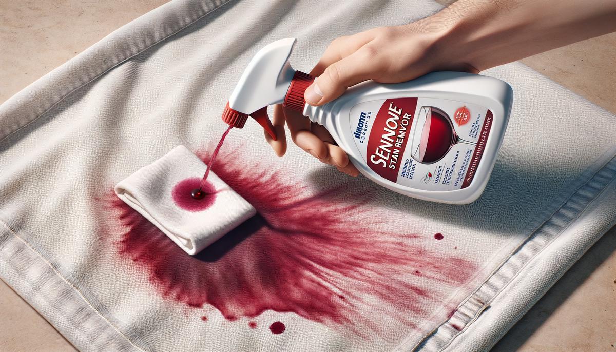 A commercial stain remover being applied to a red wine stain on a white fabric