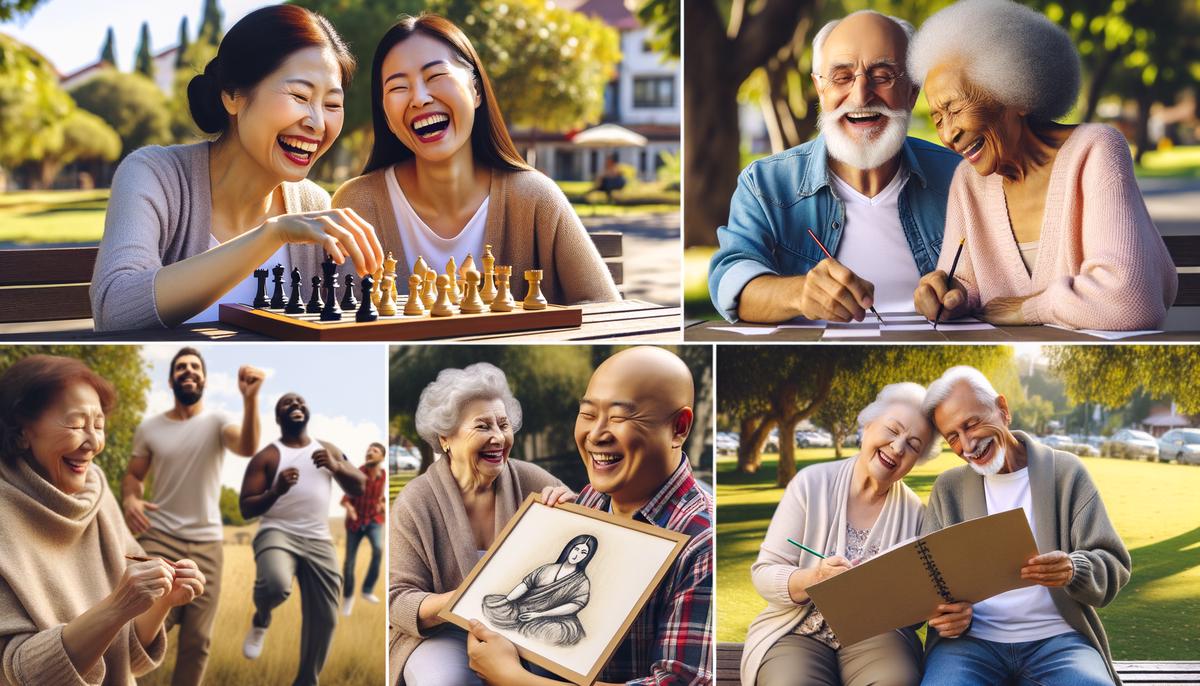 Image of a diverse group of people laughing and engaging in activities in a community setting, showcasing the benefits of social connections in later years