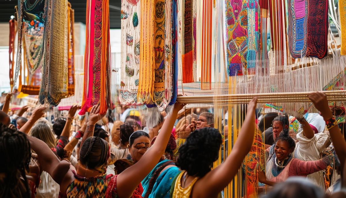 A joyful gathering of people celebrating, with colorful tapestries hanging and people weaving together on looms.