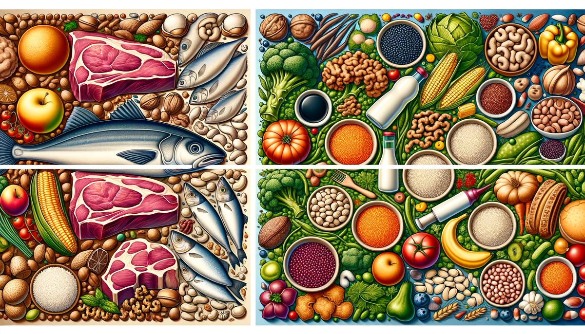 A comparative visual representation of complete and incomplete protein sources, showcasing examples of animal-based and plant-based foods that provide a complete or incomplete amino acid profile.