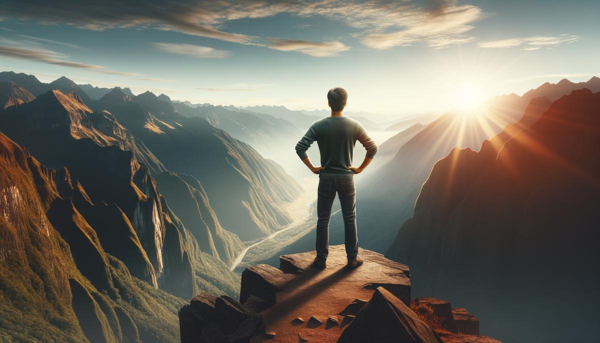 Image of a person standing confidently at the edge of a cliff, symbolizing taking risks and embracing opportunities.. Avoid using words, letters or labels in the image when possible.