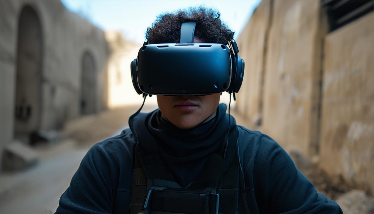 A Counter-Strike: Global Offensive player wears a VR headset, training in a highly immersive virtual environment that replicates the game's maps and mechanics with unprecedented realism, allowing them to hone their skills and develop new strategies.