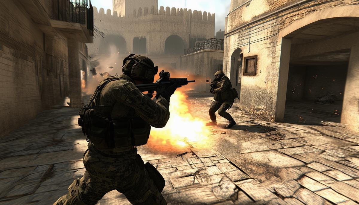 Counter-Strike: Global Offensive players engage in a intense firefight on a detailed map, their quick reflexes and strategic positioning showcasing the evolution of gameplay mechanics and game theory over the years.