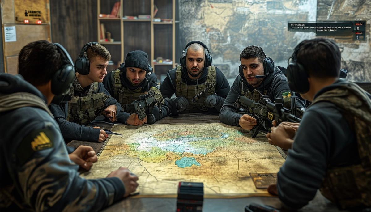 A professional Counter-Strike: Global Offensive team gathers around a tactical map, discussing their strategy for the upcoming match, taking into account the current meta, their opponents' playstyles, and the intricacies of the game's economy system.