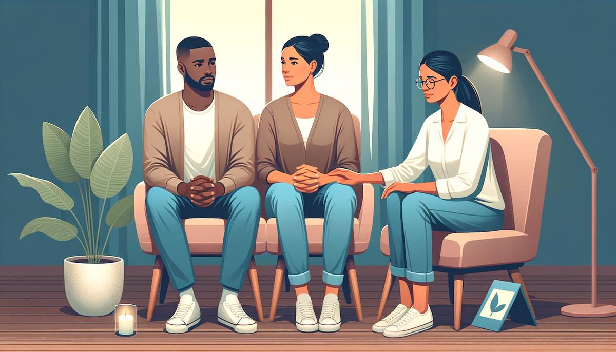 image of a couple sitting in therapy, holding hands and talking to a therapist. Avoid using words, letters or labels in the image when possible.