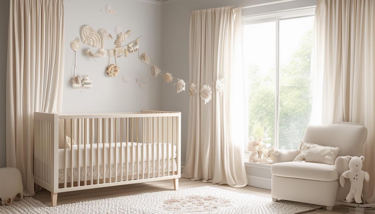 A cozy and soothing nursery design with soft colors, curtains, a crib, and gentle decor.