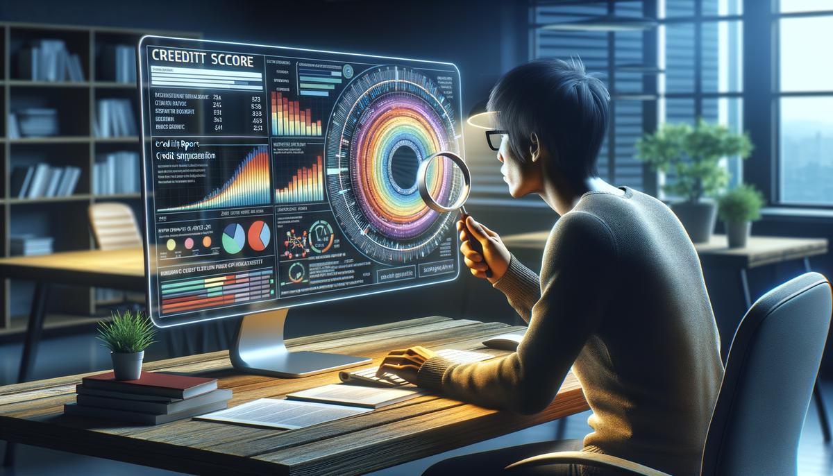 A detailed image showing a person reviewing a credit report on a computer screen with charts and graphs displayed