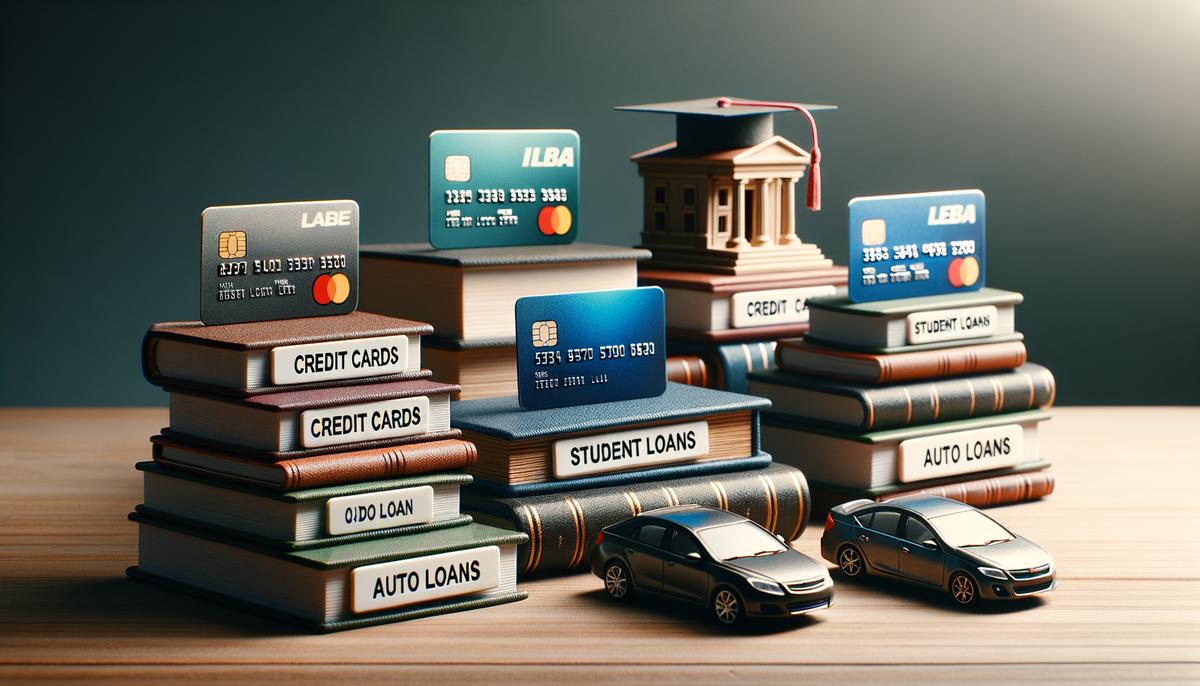 A diverse mix of credit cards, student loans, and auto loans neatly arranged on a desk