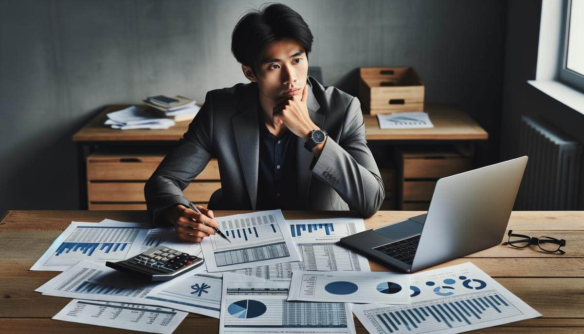 A realistic image showing a person reviewing their credit score and financial documents at a desk, with a calculator and laptop nearby