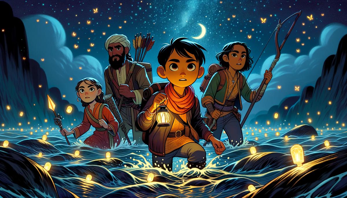 A crew of adventurers wading through a wild river at night, with glowing fireflies guiding their path across the dangerous waters