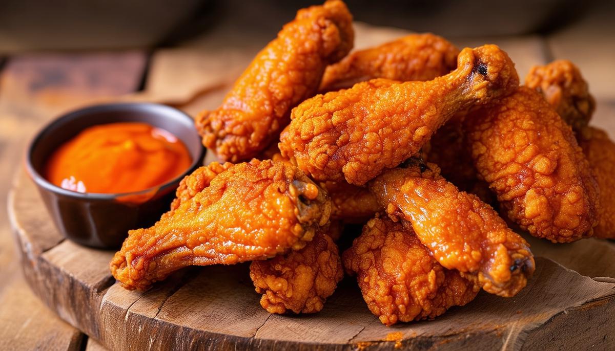 A pile of golden-brown crispy fried chicken wings, served on a rustic wooden platter with a small bowl of vibrant orange Buffalo sauce.