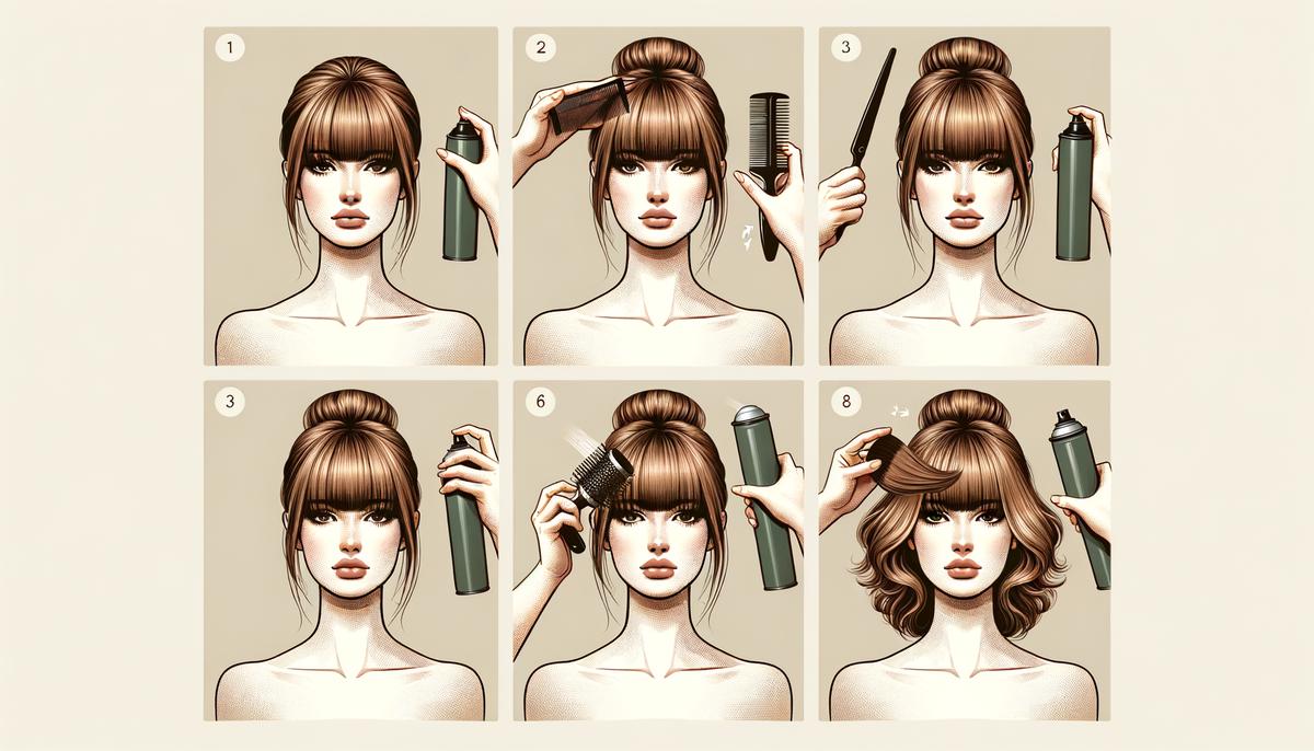 A visually impared individual should hear about a list of steps to maintain curtain bangs throughout the day with the use of various hair products. Avoid using words, letters or labels in the image when possible.