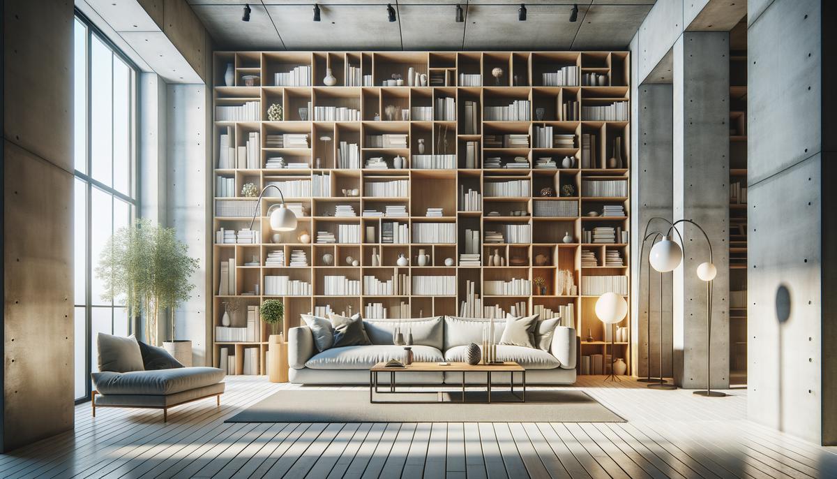 A living room with custom-built floor-to-ceiling bookshelves seamlessly integrated into the architectural design.