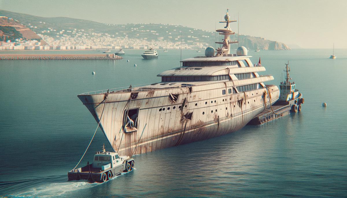 A damaged yacht being towed into Tanger-Med port