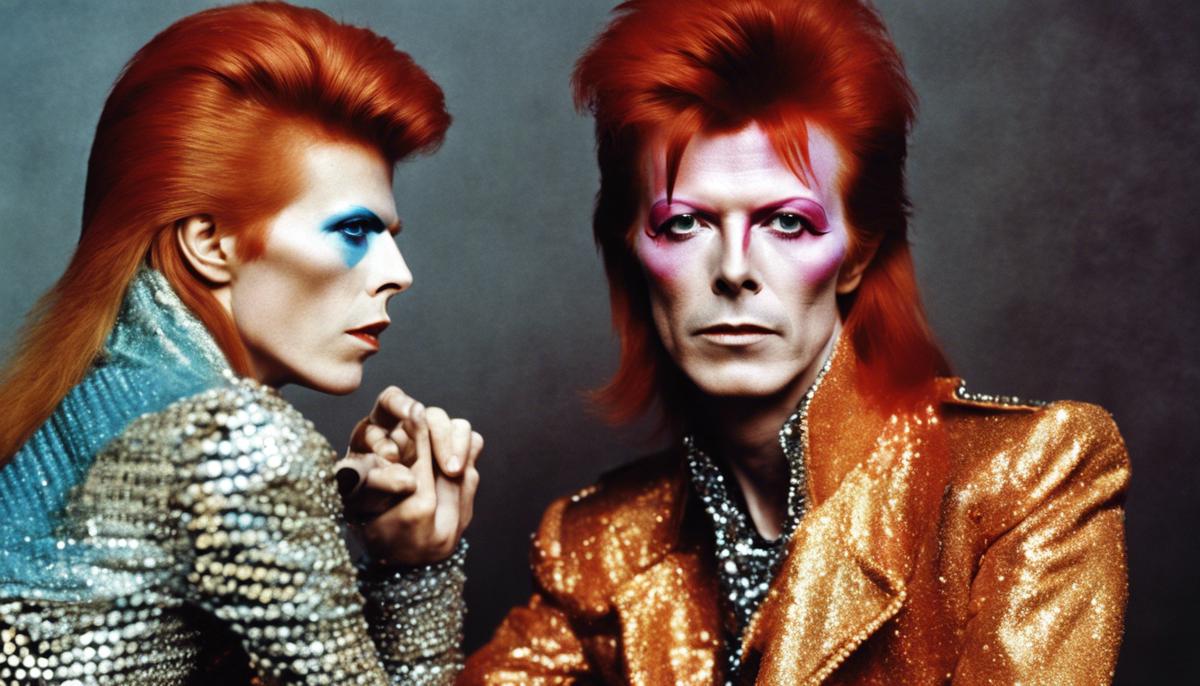 David Bowie in his iconic Ziggy Stardust persona, with vibrant red hair, futuristic makeup, and flamboyant clothing