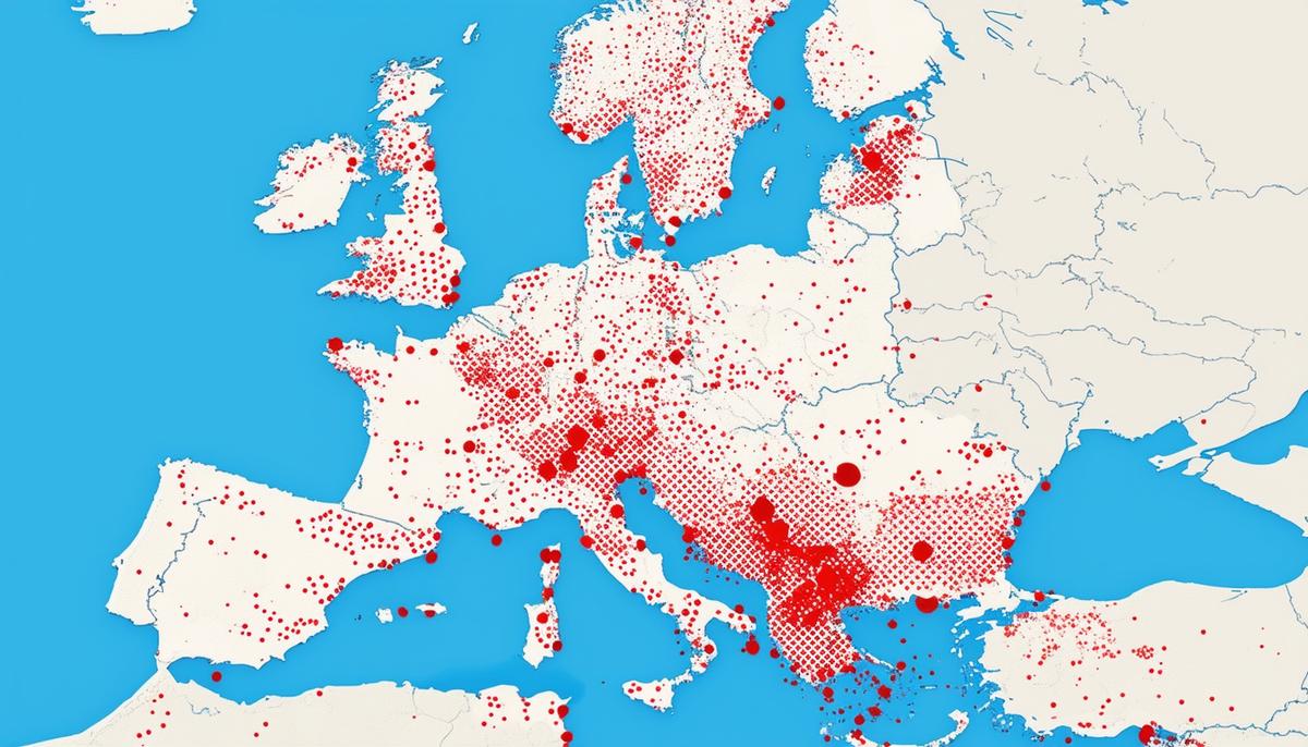 A map of Europe with red dots scattered across different countries, indicating the presence of locally acquired dengue cases.