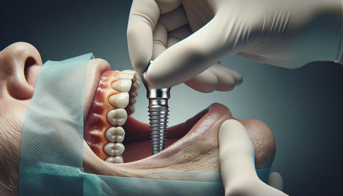A close-up view of a dental surgeon carefully placing a titanium implant into a patient's jawbone.