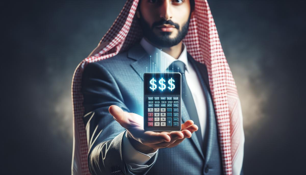 A person holding a calculator showing dollar signs to represent digital spending savings