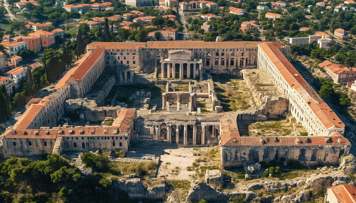 An aerial view of the expansive ruins of Diocletian's Palace in Split, Croatia, showcasing the grand scale and architectural intricacy of the retired emperor's residence