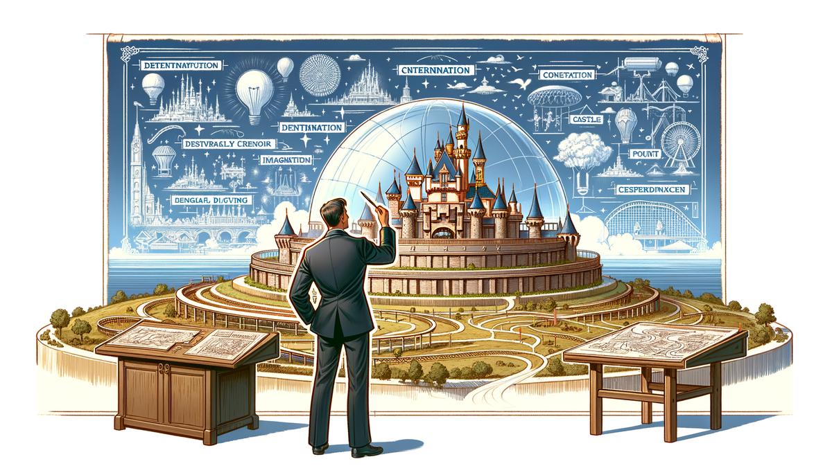 Concept art of Disneyland creation, showcasing Walt Disney's vision and determination. Avoid using words, letters or labels in the image when possible.