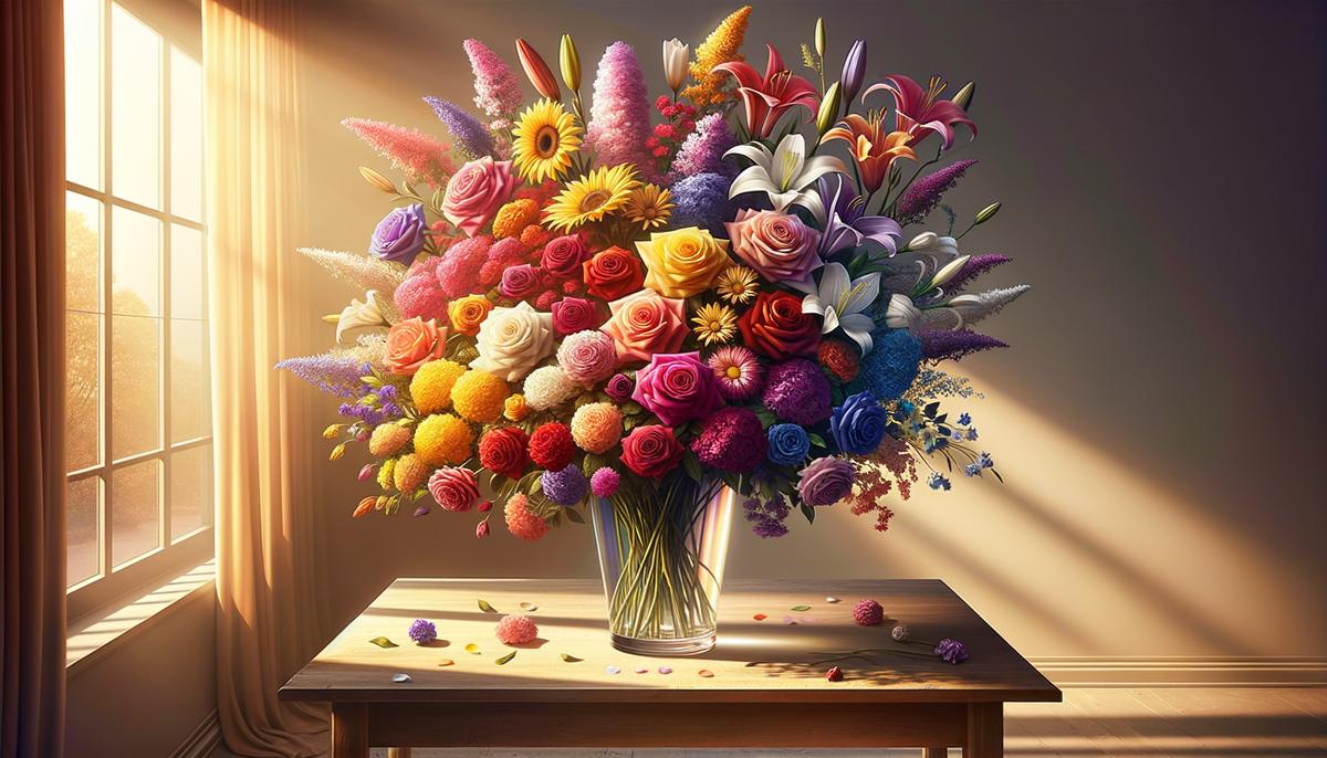 A colorful bouquet of flowers arranged in a vase on a table