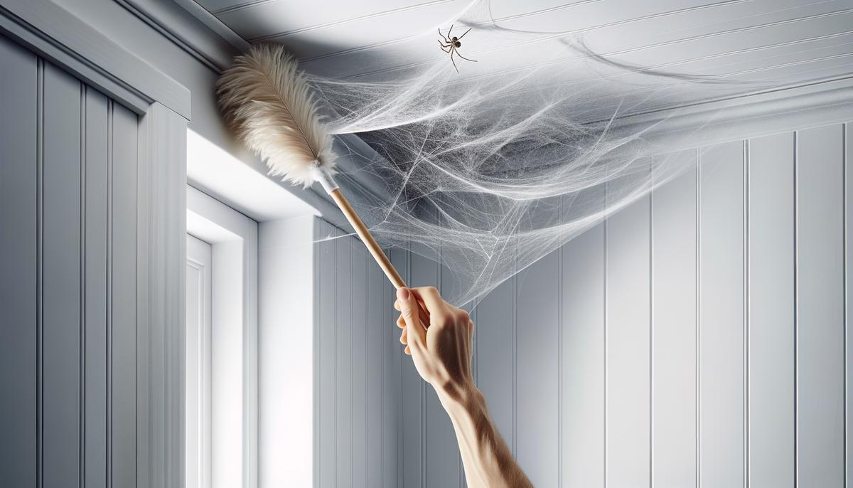A person using a long-handled duster to clean cobwebs from a corner