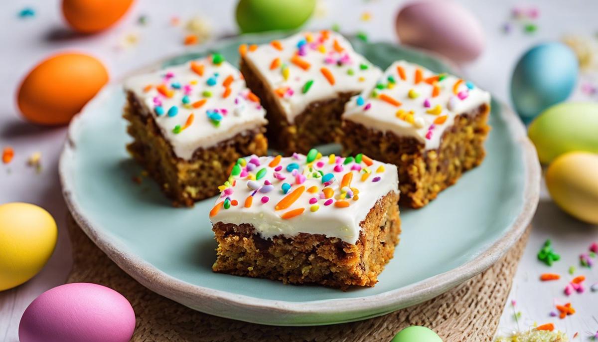 A delicious plate of carrot cake bars decorated with Easter-themed sprinkles, perfect for Easter celebrations.