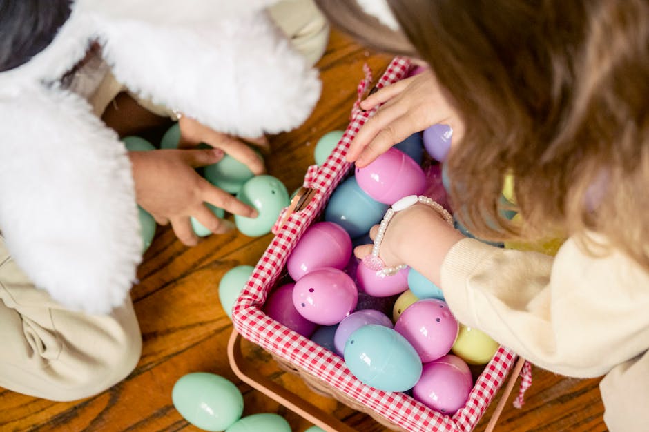 Plastic Easter eggs with slips of paper inside, children playing and searching for pairs, and a timer in the background