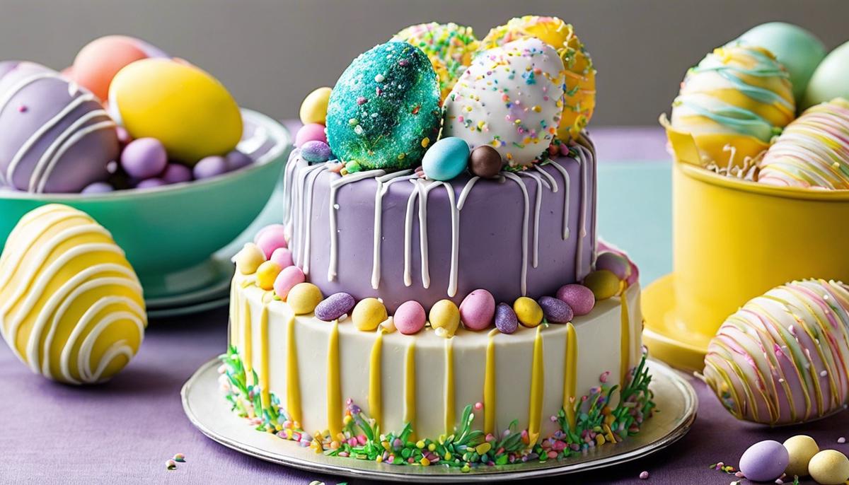 A variety of colorful and delicious Easter treats, including cookies, cake balls, and chocolate bark.