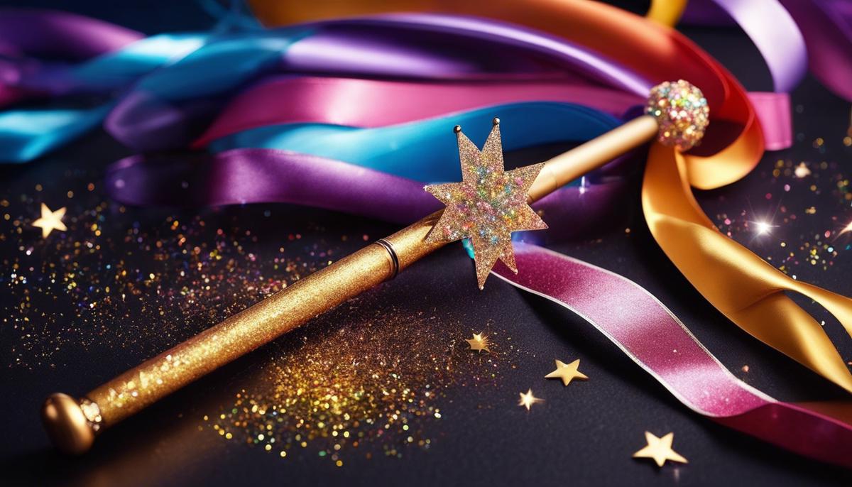 Image of a colorful magic wand surrounded by ribbons and glitter