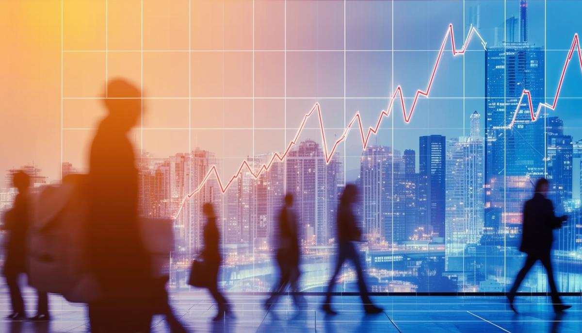 A line graph showing the projected economic impact of high interest rates over time, with a background image of a cityscape and people going about their daily lives