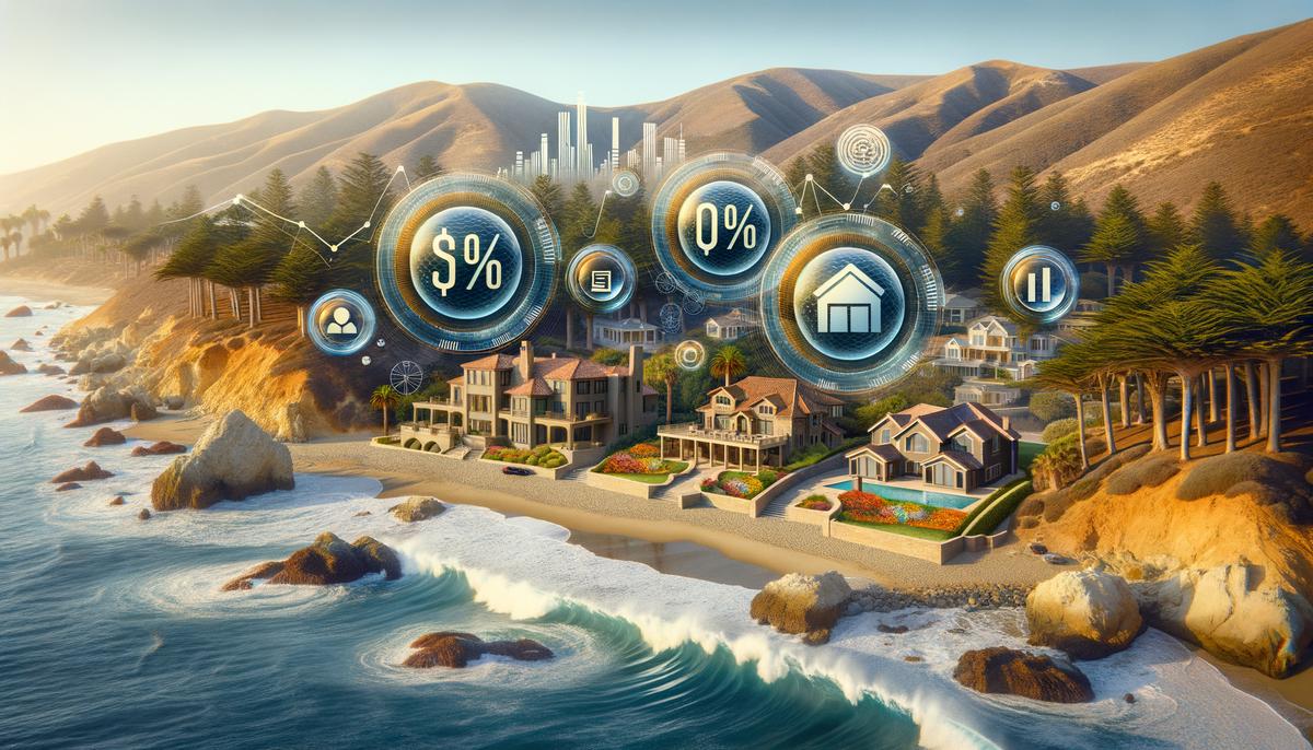 A conceptual image depicting various economic factors, such as interest rates, inflation, and affordability, influencing the California real estate market.