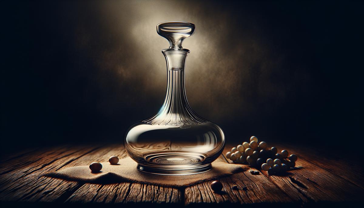 An elegant glass wine decanter sitting on a wooden surface.